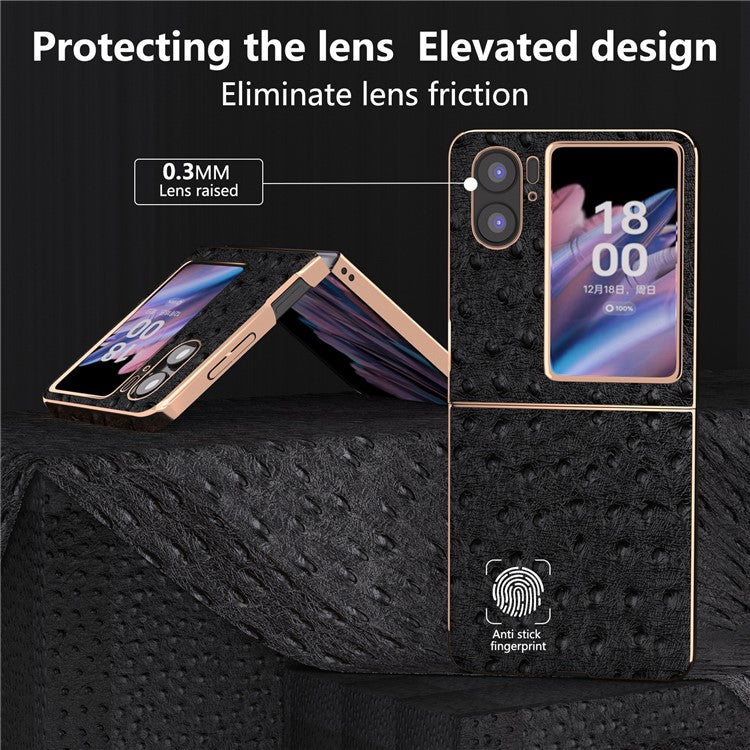 Nano Electroplating Phone Cover for Oppo Find N2 Flip 5G Genuine Cow Leather+PC+TPU Phone Case - Black
