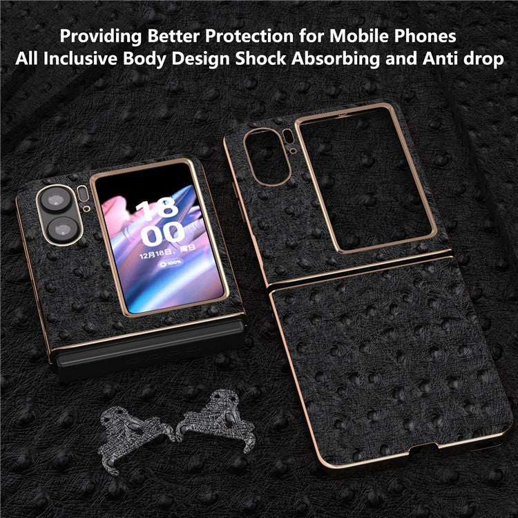 Nano Electroplating Phone Cover for Oppo Find N2 Flip 5G Genuine Cow Leather+PC+TPU Phone Case - Black