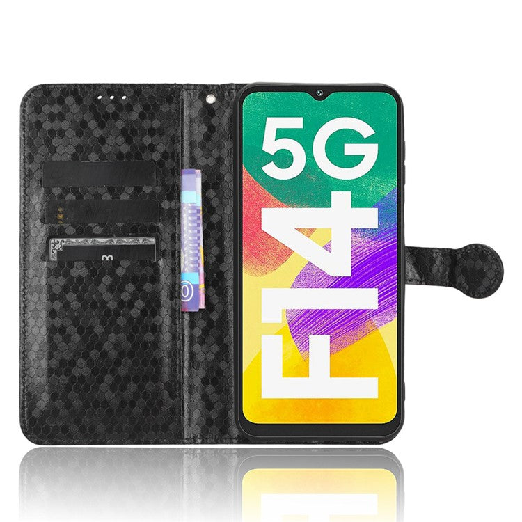 For Samsung Galaxy F14 5G Stand Wallet Phone Case PU Leather Dot Pattern Imprinted Smartphone Cover - Black