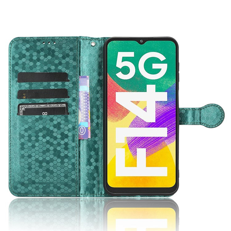 For Samsung Galaxy F14 5G Stand Wallet Phone Case PU Leather Dot Pattern Imprinted Smartphone Cover - Green