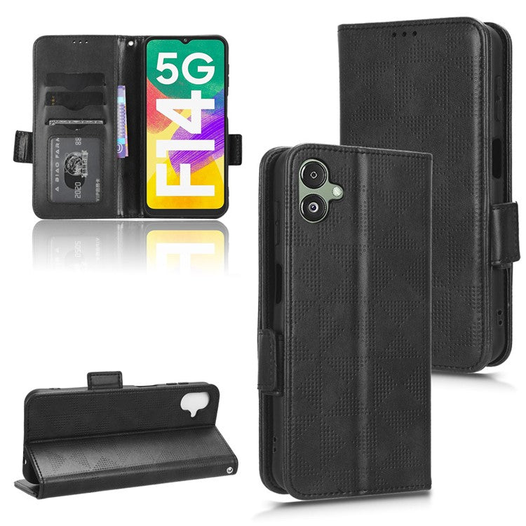 For Samsung Galaxy F14 5G Stand Wallet PU Leather Phone Case Imprinted Triangle Phone Cover - Black