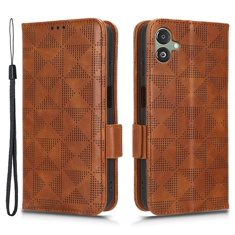 For Samsung Galaxy F14 5G Stand Wallet PU Leather Phone Case Imprinted Triangle Phone Cover - Brown
