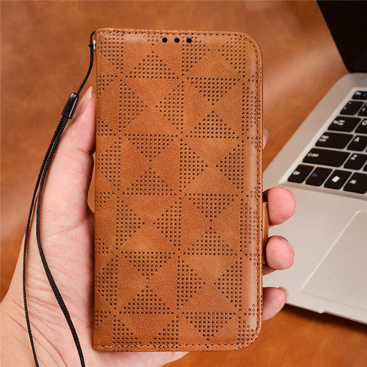 For Samsung Galaxy F14 5G Stand Wallet PU Leather Phone Case Imprinted Triangle Phone Cover - Brown