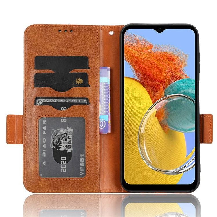 For Samsung Galaxy M14 5G PU Leather Phone Wallet Case Imprinted Triangle Stand Phone Cover - Brown