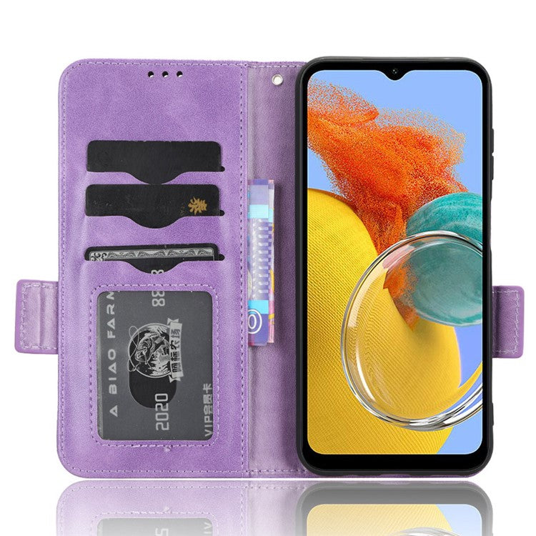 For Samsung Galaxy M14 5G PU Leather Phone Wallet Case Imprinted Triangle Stand Phone Cover - Purple