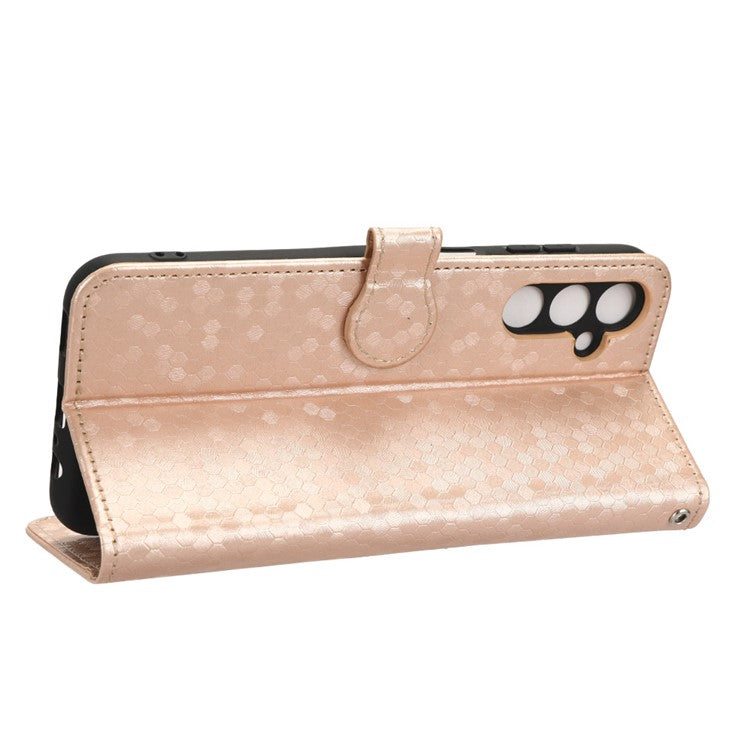 For Samsung Galaxy M14 5G Dot Pattern Imprinted Leather Wallet Case Stand Phone Cover - Rose Gold