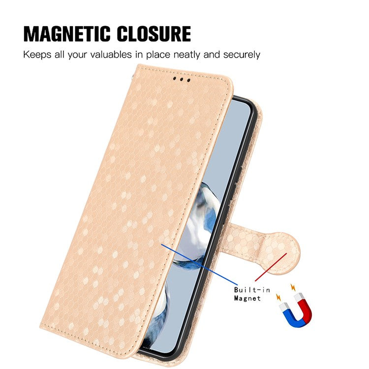 For Samsung Galaxy M14 5G Dot Pattern Imprinted Leather Wallet Case Stand Phone Cover - Rose Gold