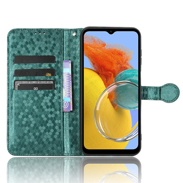 For Samsung Galaxy M14 5G Dot Pattern Imprinted Leather Wallet Case Stand Phone Cover - Green