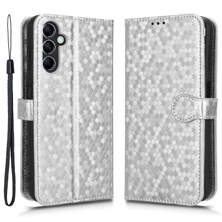 For Samsung Galaxy M14 5G Dot Pattern Imprinted Leather Wallet Case Stand Phone Cover - Silver