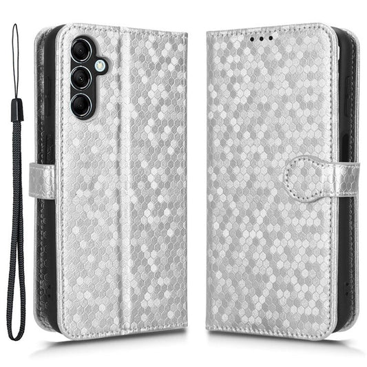 For Samsung Galaxy M14 5G Dot Pattern Imprinted Leather Wallet Case Stand Phone Cover - Silver