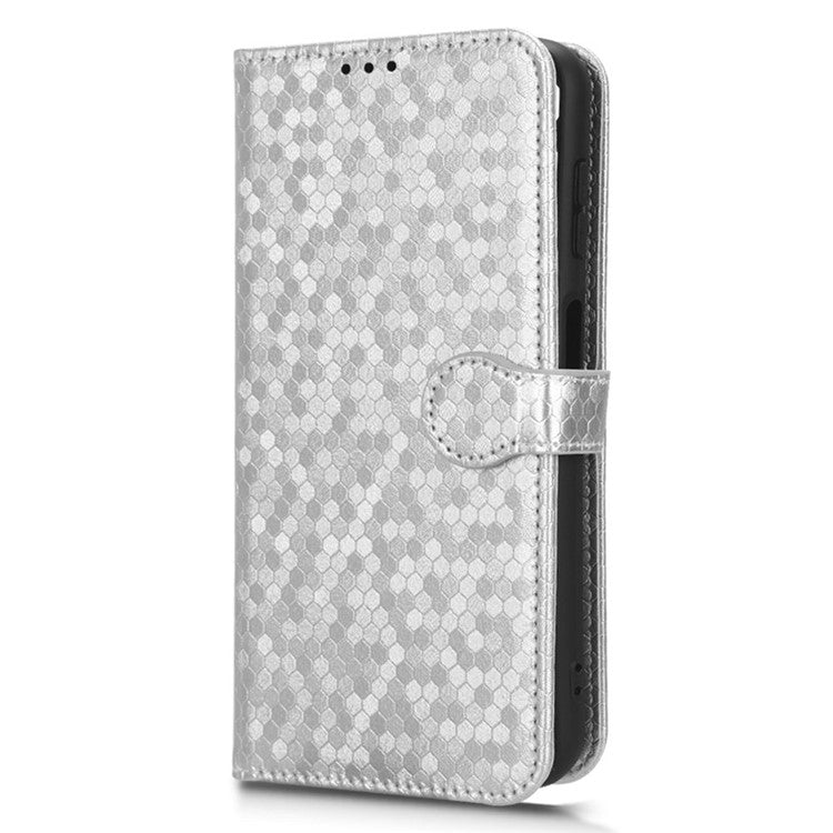 For Samsung Galaxy M14 5G Dot Pattern Imprinted Leather Wallet Case Stand Phone Cover - Silver