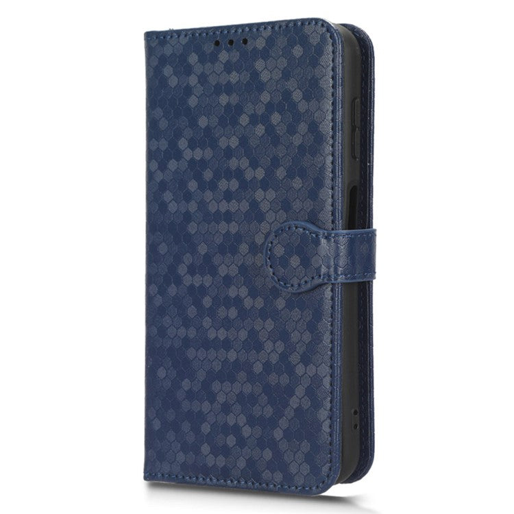 For Samsung Galaxy M14 5G Dot Pattern Imprinted Leather Wallet Case Stand Phone Cover - Dark Blue