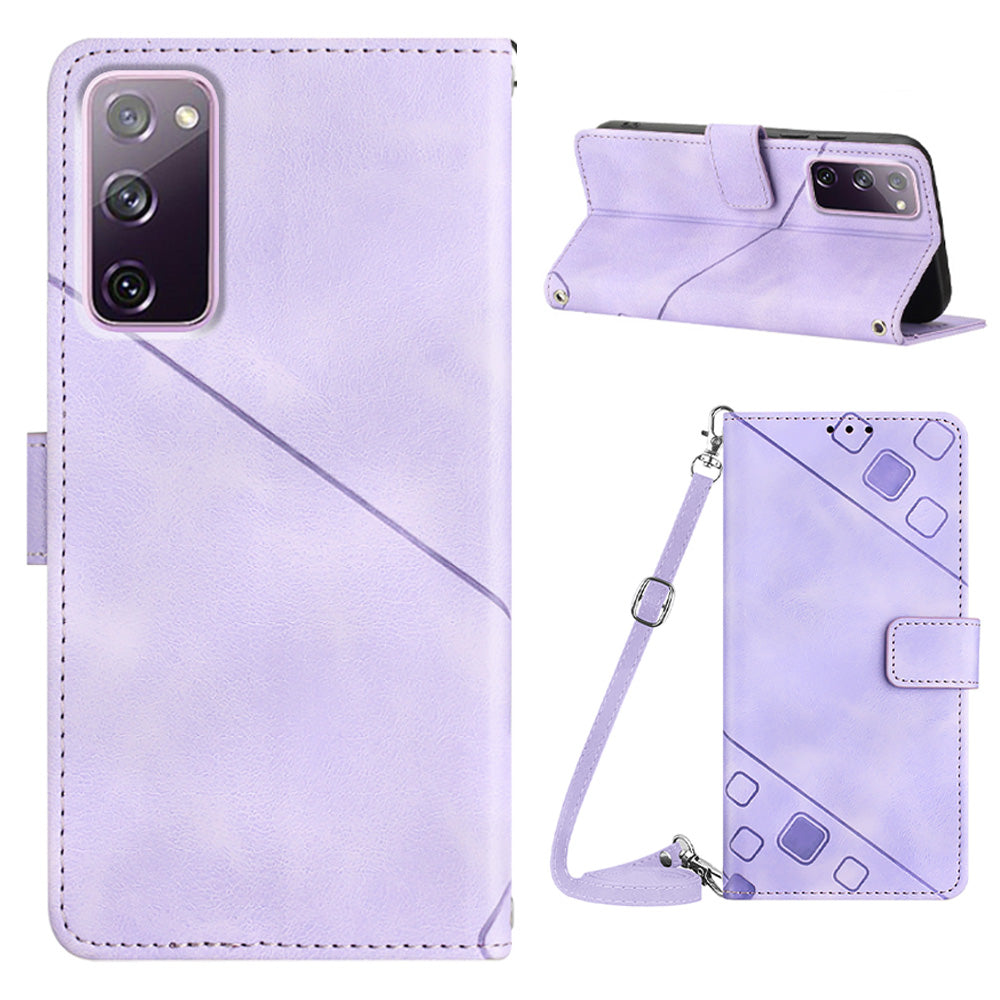 PT005 YB Imprinting Series-7 Leather Phone Case for Samsung Galaxy S20 FE 4G / FE 5G / S20 Lite / S20 FE 2022 , Imprinted Lines Wallet Stand Cover - Light Purple