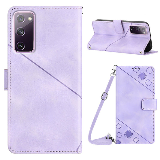 PT005 YB Imprinting Series-7 Leather Phone Case for Samsung Galaxy S20 FE 4G / FE 5G / S20 Lite / S20 FE 2022 , Imprinted Lines Wallet Stand Cover - Light Purple