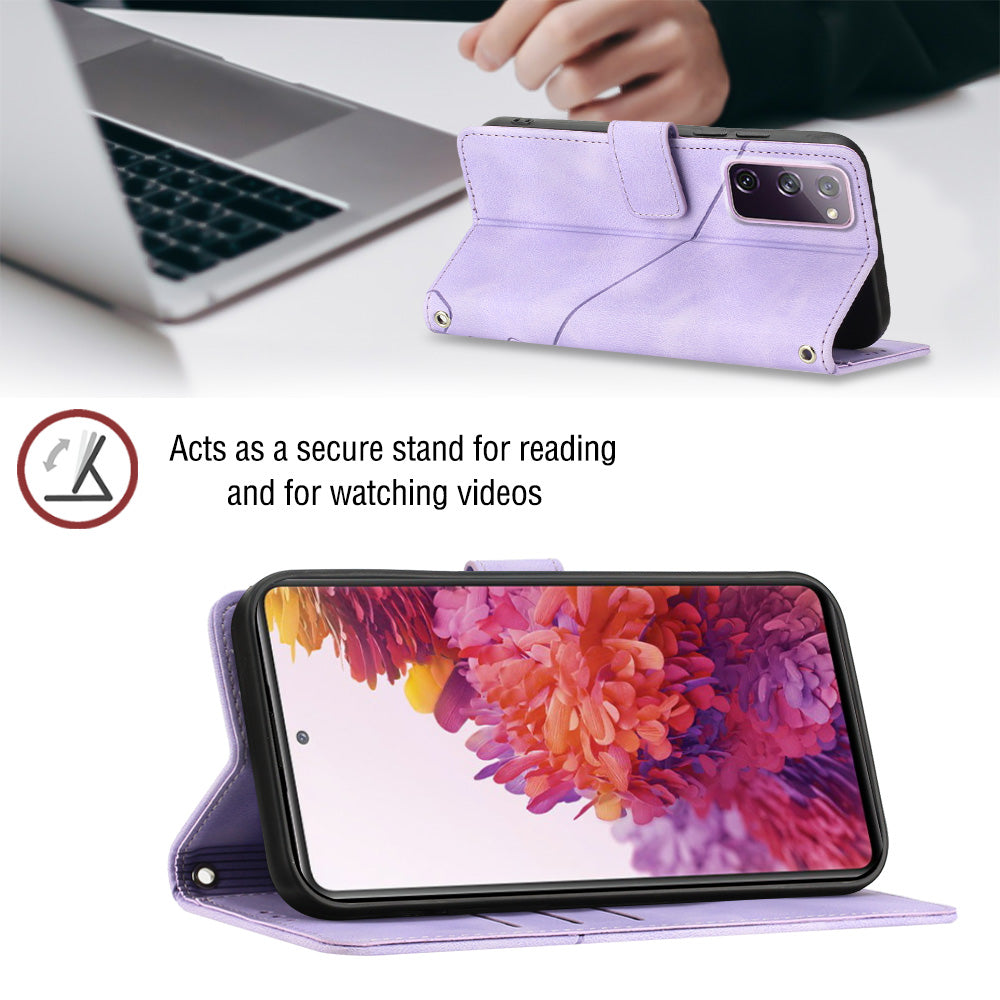 PT005 YB Imprinting Series-7 Leather Phone Case for Samsung Galaxy S20 FE 4G / FE 5G / S20 Lite / S20 FE 2022 , Imprinted Lines Wallet Stand Cover - Light Purple