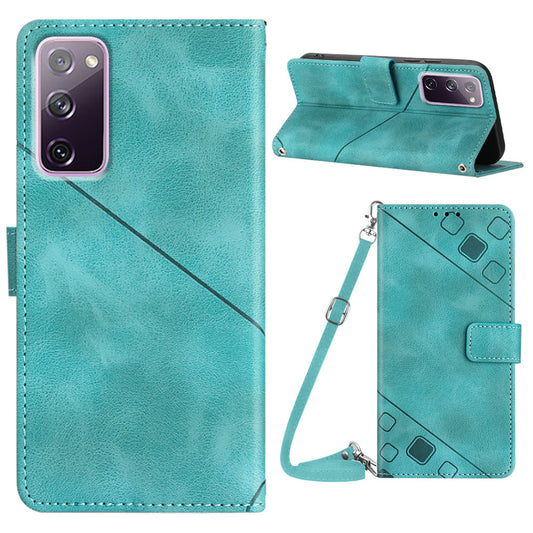 PT005 YB Imprinting Series-7 Leather Phone Case for Samsung Galaxy S20 FE 4G / FE 5G / S20 Lite / S20 FE 2022 , Imprinted Lines Wallet Stand Cover - Green