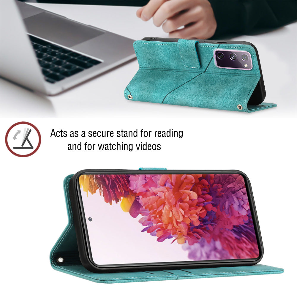 PT005 YB Imprinting Series-7 Leather Phone Case for Samsung Galaxy S20 FE 4G / FE 5G / S20 Lite / S20 FE 2022 , Imprinted Lines Wallet Stand Cover - Green
