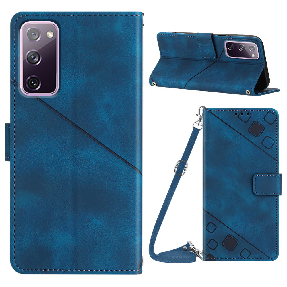 PT005 YB Imprinting Series-7 Leather Phone Case for Samsung Galaxy S20 FE 4G / FE 5G / S20 Lite / S20 FE 2022 , Imprinted Lines Wallet Stand Cover - Sapphire