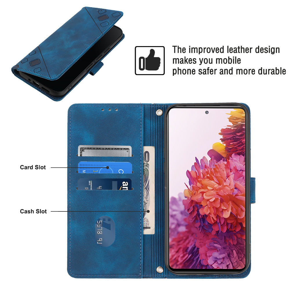 PT005 YB Imprinting Series-7 Leather Phone Case for Samsung Galaxy S20 FE 4G / FE 5G / S20 Lite / S20 FE 2022 , Imprinted Lines Wallet Stand Cover - Sapphire