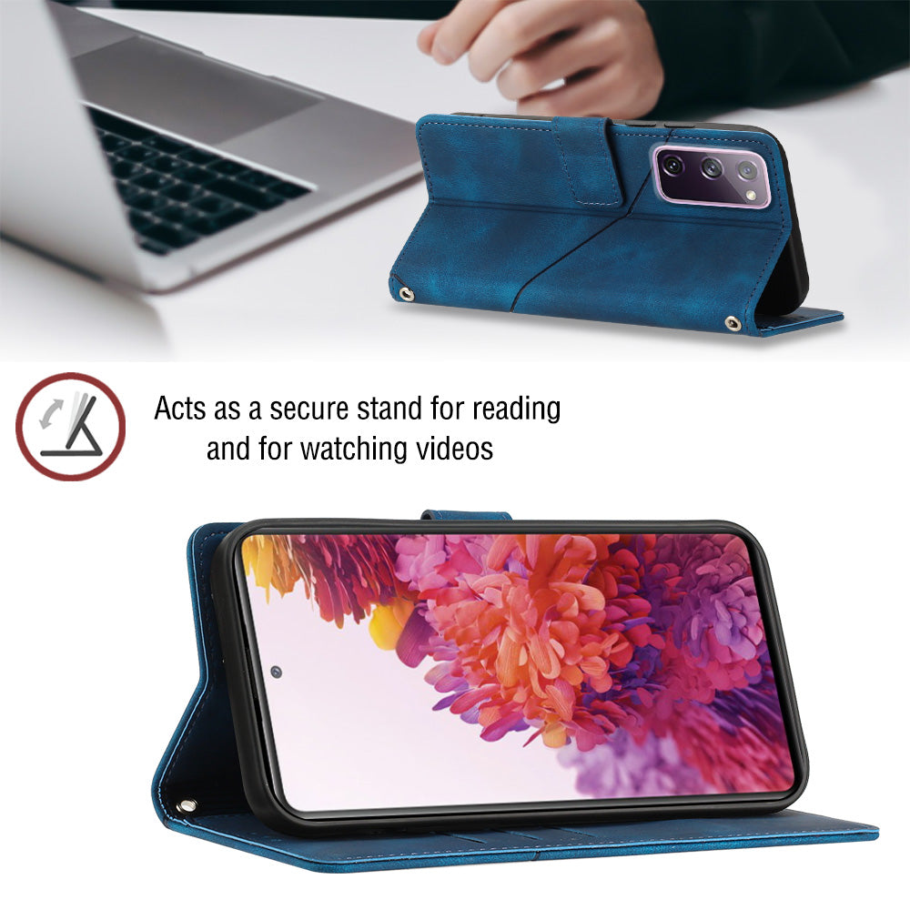 PT005 YB Imprinting Series-7 Leather Phone Case for Samsung Galaxy S20 FE 4G / FE 5G / S20 Lite / S20 FE 2022 , Imprinted Lines Wallet Stand Cover - Sapphire