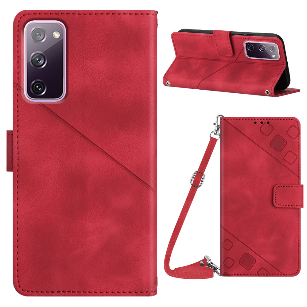 PT005 YB Imprinting Series-7 Leather Phone Case for Samsung Galaxy S20 FE 4G / FE 5G / S20 Lite / S20 FE 2022 , Imprinted Lines Wallet Stand Cover - Red