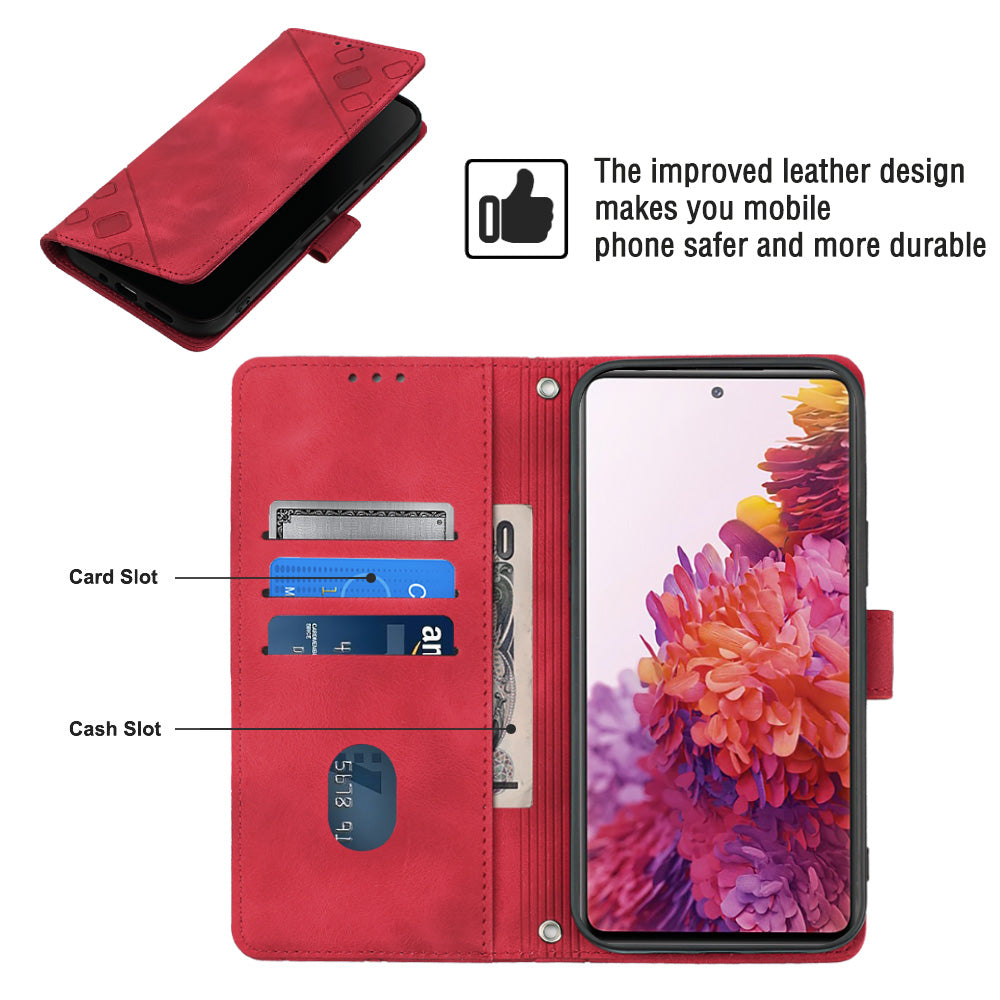 PT005 YB Imprinting Series-7 Leather Phone Case for Samsung Galaxy S20 FE 4G / FE 5G / S20 Lite / S20 FE 2022 , Imprinted Lines Wallet Stand Cover - Red