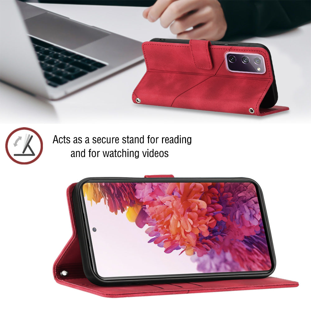 PT005 YB Imprinting Series-7 Leather Phone Case for Samsung Galaxy S20 FE 4G / FE 5G / S20 Lite / S20 FE 2022 , Imprinted Lines Wallet Stand Cover - Red