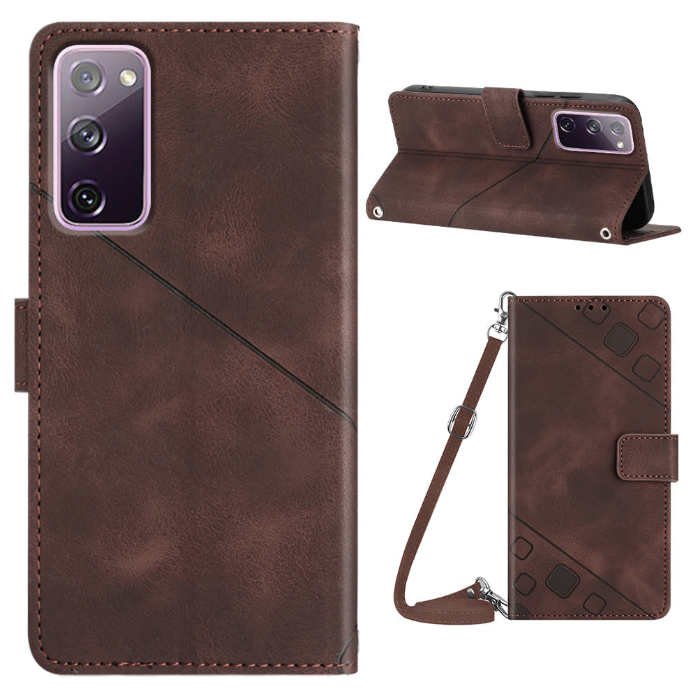 PT005 YB Imprinting Series-7 Leather Phone Case for Samsung Galaxy S20 FE 4G / FE 5G / S20 Lite / S20 FE 2022 , Imprinted Lines Wallet Stand Cover - Brown