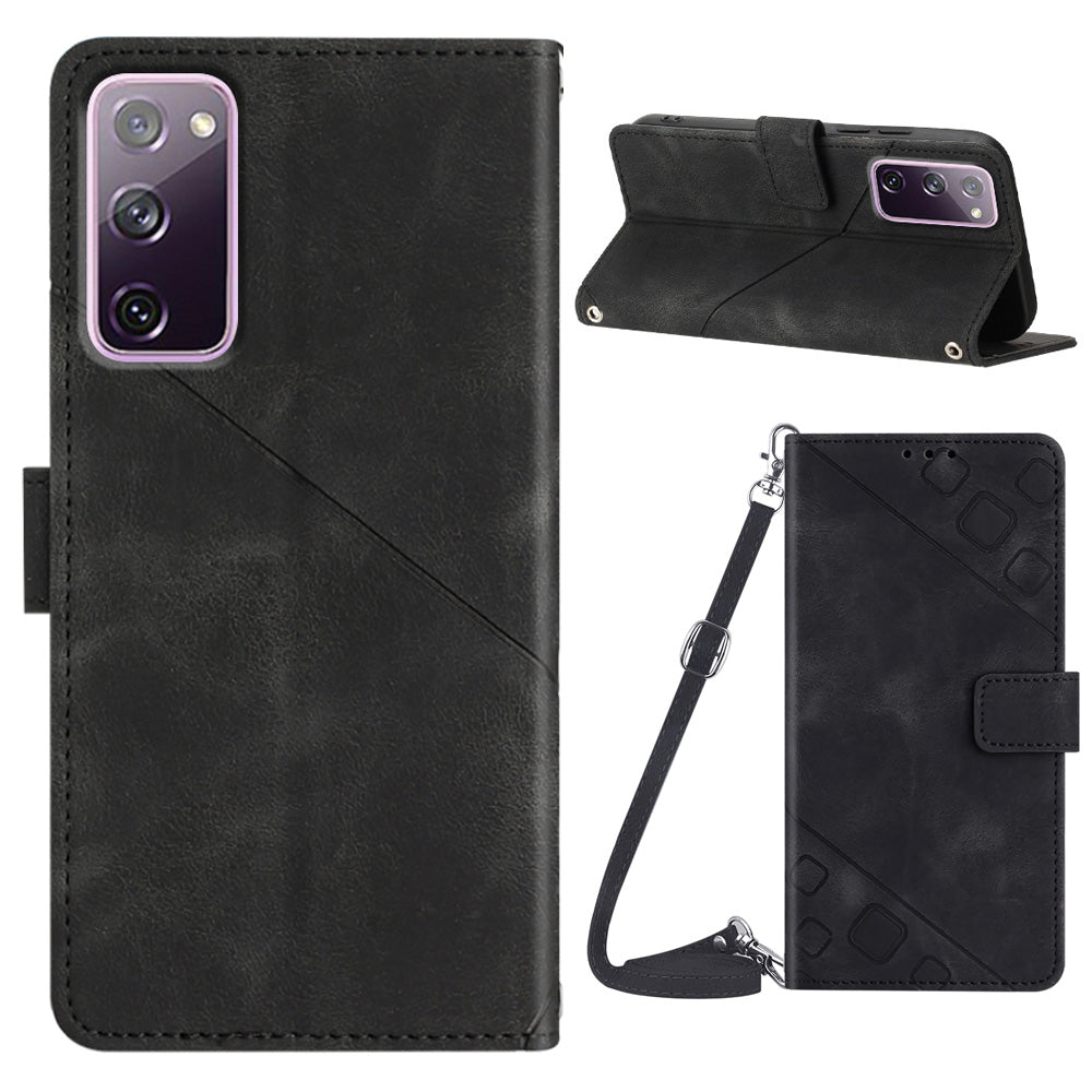 PT005 YB Imprinting Series-7 Leather Phone Case for Samsung Galaxy S20 FE 4G / FE 5G / S20 Lite / S20 FE 2022 , Imprinted Lines Wallet Stand Cover - Black
