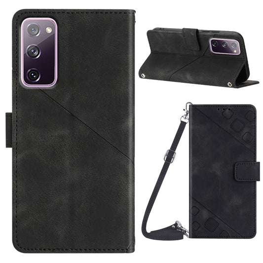 PT005 YB Imprinting Series-7 Leather Phone Case for Samsung Galaxy S20 FE 4G / FE 5G / S20 Lite / S20 FE 2022 , Imprinted Lines Wallet Stand Cover - Black