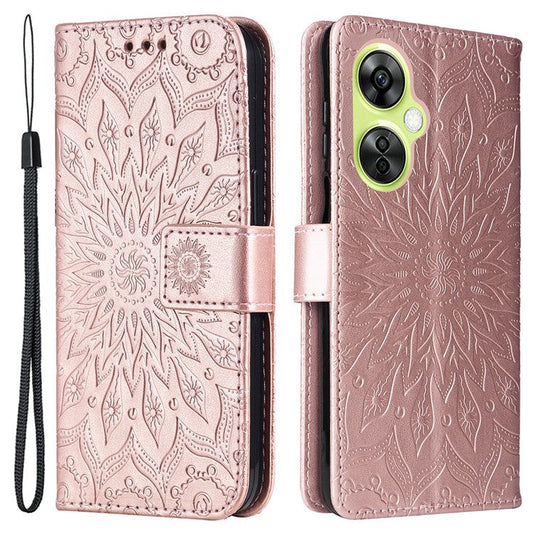 KT Imprinting Flower Series-1 for OnePlus Nord CE 3 Lite 5G / Nord N30 5G PU Leather Stand Wallet Cover Shockproof Phone Case with Strap - Rose Gold