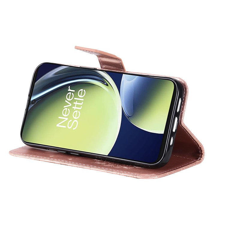 KT Imprinting Flower Series-1 for OnePlus Nord CE 3 Lite 5G / Nord N30 5G PU Leather Stand Wallet Cover Shockproof Phone Case with Strap - Rose Gold