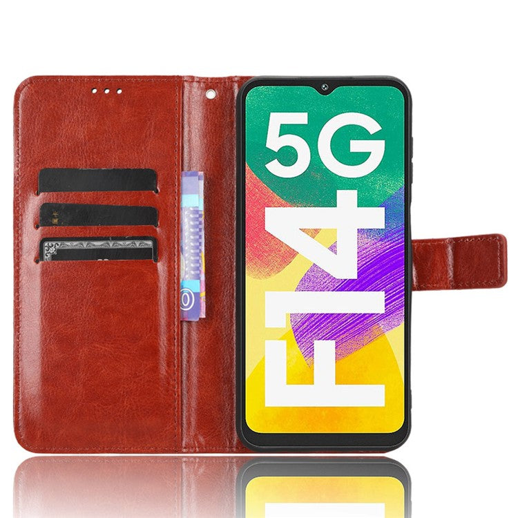 For Samsung Galaxy F14 5G Anti-Dust Crazy Horse Texture Phone Case Stand PU Leather Wallet Shell - Brown