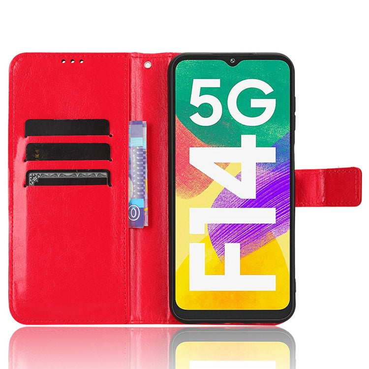 For Samsung Galaxy F14 5G Anti-Dust Crazy Horse Texture Phone Case Stand PU Leather Wallet Shell - Red