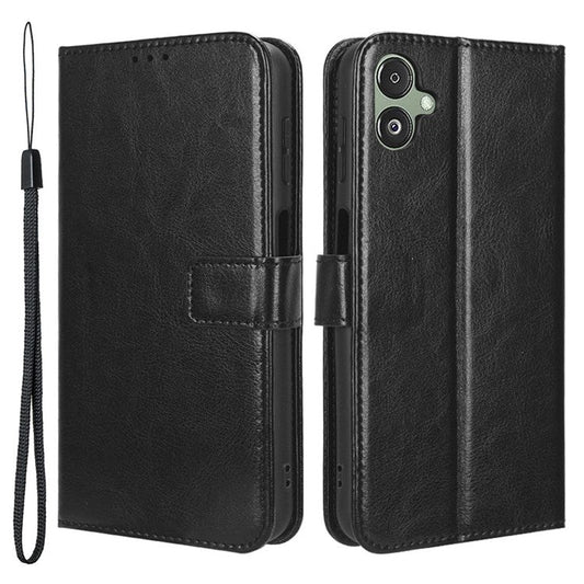 For Samsung Galaxy F14 5G Anti-Dust Crazy Horse Texture Phone Case Stand PU Leather Wallet Shell - Black