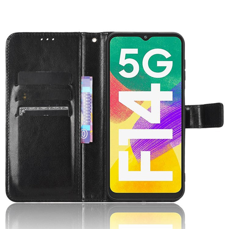 For Samsung Galaxy F14 5G Anti-Dust Crazy Horse Texture Phone Case Stand PU Leather Wallet Shell - Black