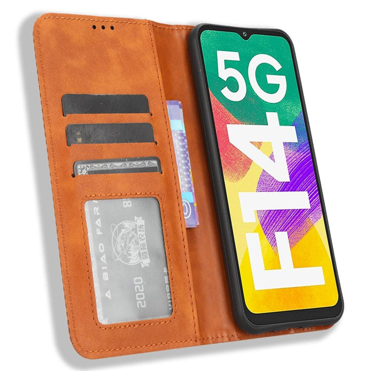 For Samsung Galaxy F14 5G Magnetic Closure Phone Cover Retro Stand Wallet Flip PU Leather Phone Case - Brown