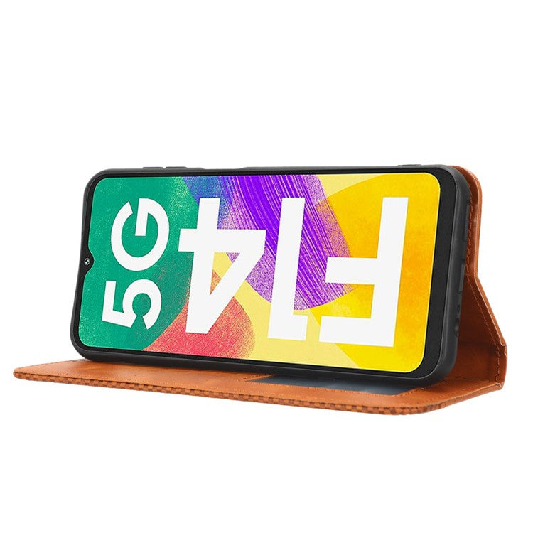 For Samsung Galaxy F14 5G Magnetic Closure Phone Cover Retro Stand Wallet Flip PU Leather Phone Case - Brown