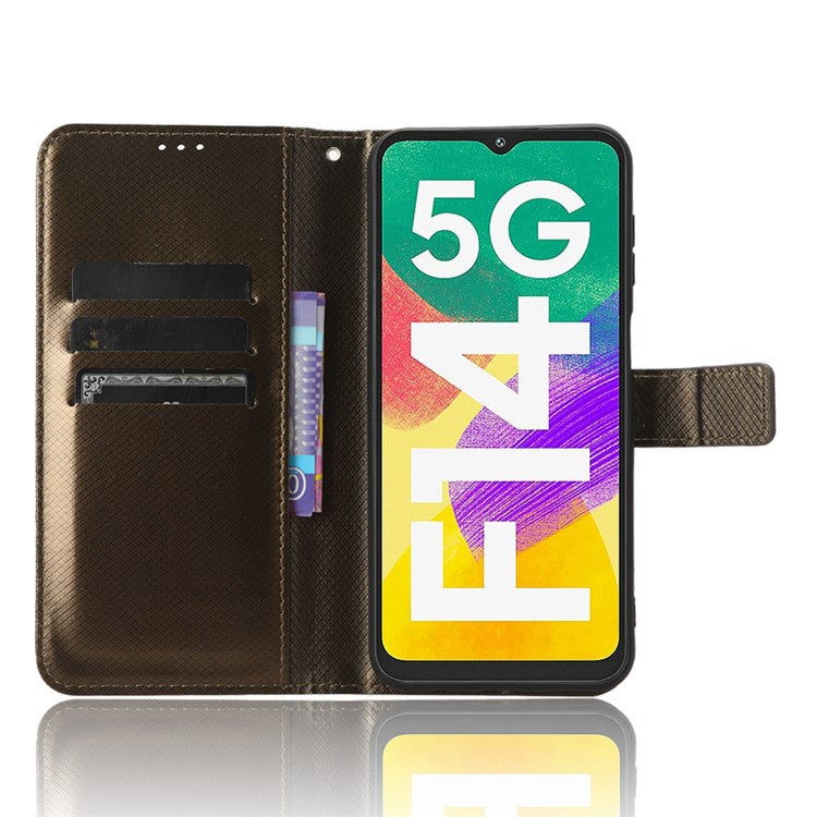 For Samsung Galaxy F14 5G Phone Case PU Leather Stand Wallet Diamond Texture Phone Cover - Brown
