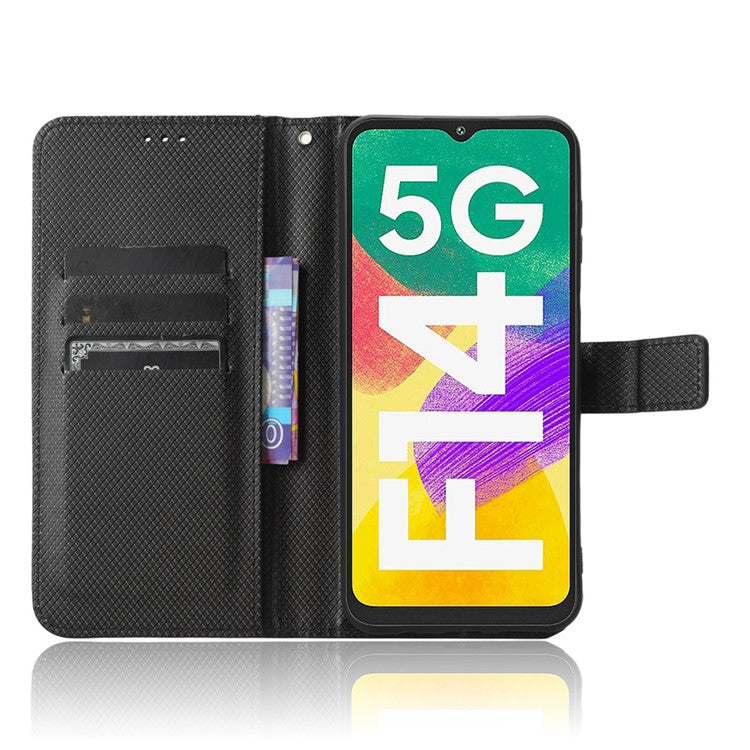 For Samsung Galaxy F14 5G Phone Case PU Leather Stand Wallet Diamond Texture Phone Cover - Black