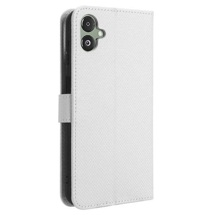 For Samsung Galaxy F14 5G Phone Case PU Leather Stand Wallet Diamond Texture Phone Cover - White