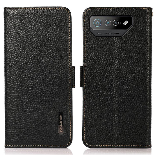 KHAZNEH For Asus ROG Phone 7 5G Wallet Case with RFID Blocking Genuine Cow Leather Stand Phone Cover - Black
