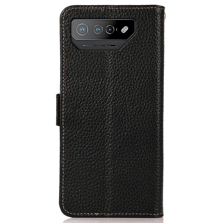 KHAZNEH For Asus ROG Phone 7 5G Wallet Case with RFID Blocking Genuine Cow Leather Stand Phone Cover - Black