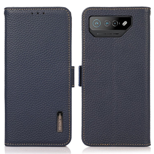 KHAZNEH For Asus ROG Phone 7 5G Wallet Case with RFID Blocking Genuine Cow Leather Stand Phone Cover - Blue