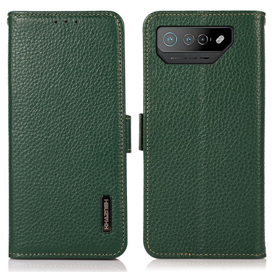 KHAZNEH For Asus ROG Phone 7 5G Wallet Case with RFID Blocking Genuine Cow Leather Stand Phone Cover - Green