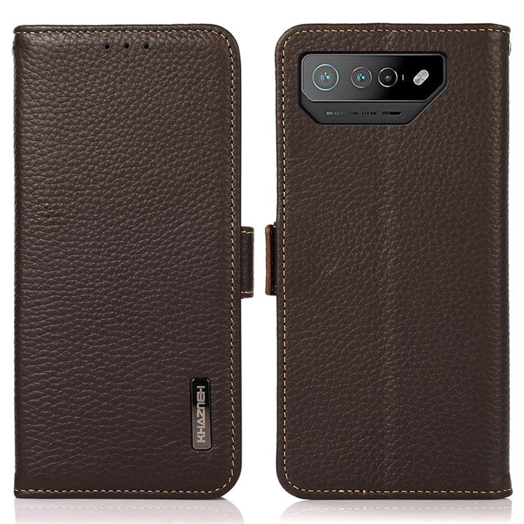 KHAZNEH For Asus ROG Phone 7 5G Wallet Case with RFID Blocking Genuine Cow Leather Stand Phone Cover - Brown