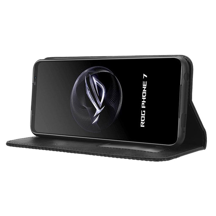 For Asus ROG Phone 7 5G Retro PU Leather Cover Stand Wallet Magnetic Closure Mobile Phone Case - Black