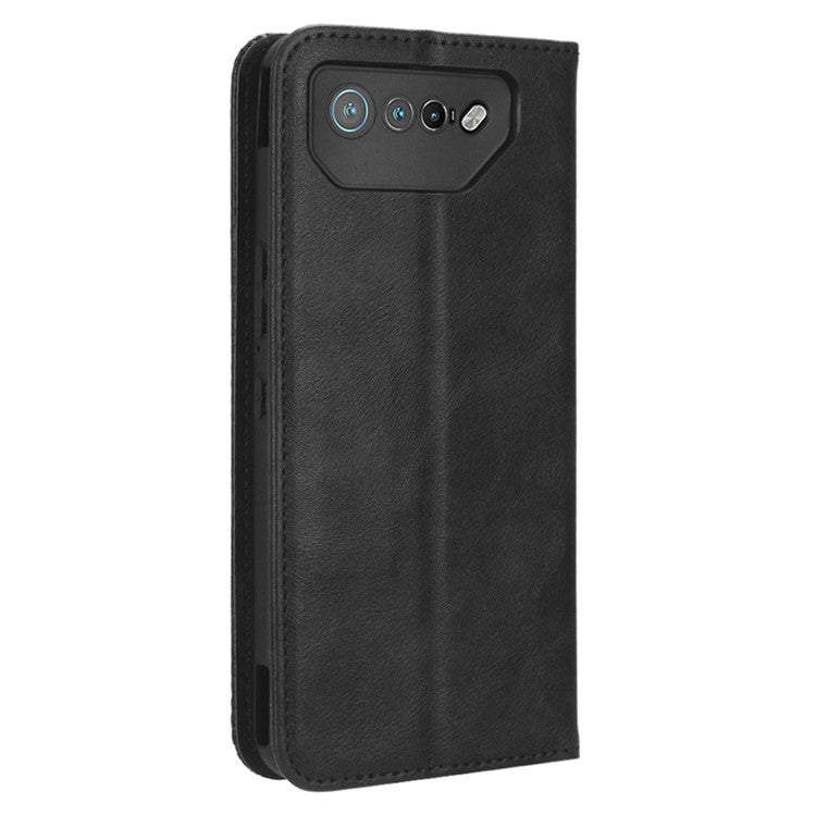 For Asus ROG Phone 7 5G Retro PU Leather Cover Stand Wallet Magnetic Closure Mobile Phone Case - Black