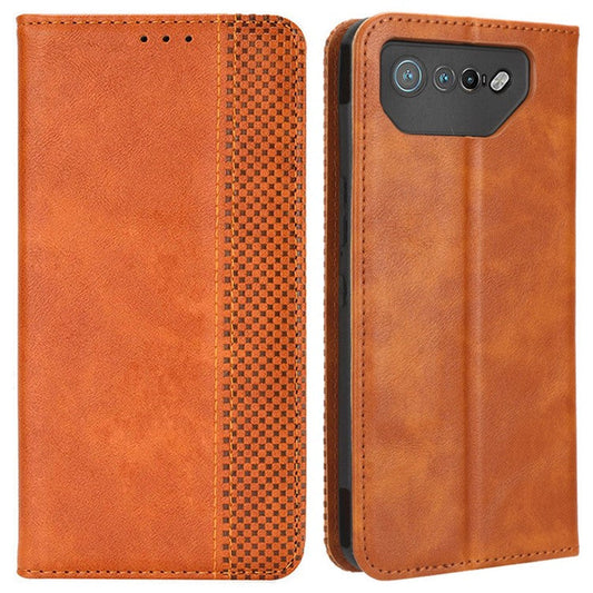 For Asus ROG Phone 7 5G Retro PU Leather Cover Stand Wallet Magnetic Closure Mobile Phone Case - Brown