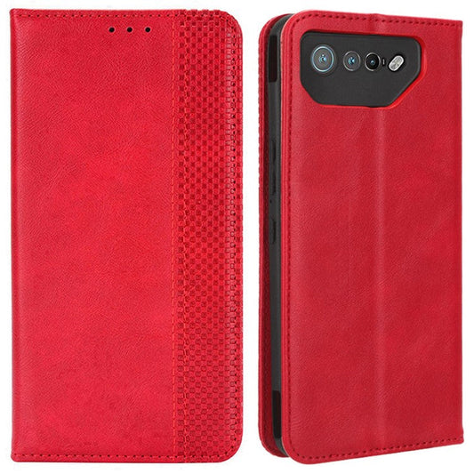 For Asus ROG Phone 7 5G Retro PU Leather Cover Stand Wallet Magnetic Closure Mobile Phone Case - Red